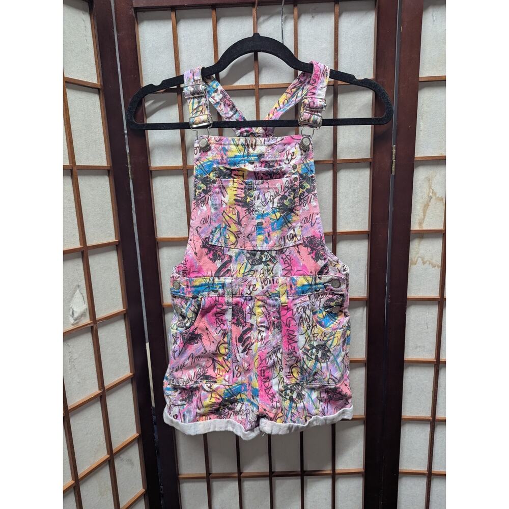 Vintage Girls graffiti Overalls Floral Shortalls Pink Cottagecore Size 10